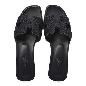 HERMES Denim Canvas Oran Sandals 37.5 Bleu Brut
