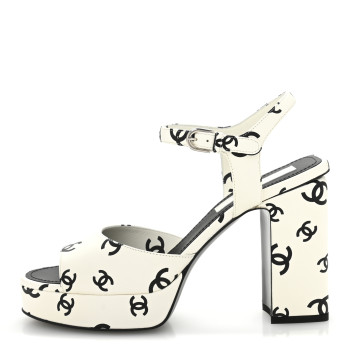 CHANEL Printed Lambskin CC Platform Sandals 39 White Black