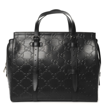 GUCCI Calfskin GG Tennis Embossed Tote Bag Black