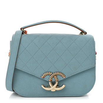 CHANEL Grained Calfskin Quilted Small Cuba Top Handle Flap Blue