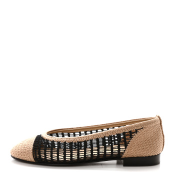 CHANEL Raffia Cap Toe Ballerina Flats 37 Black Beige