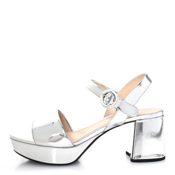 PRADA Vitello Metallic Calfskin Platform Sandals 37.5 Argento