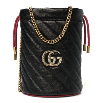 GUCCI Vintage Effect Calfskin Matelasse Diagonal Mini Torchon GG Marmont 2.0 Bucket Bag Black Romantic Cherry