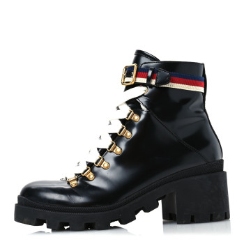 GUCCI Calfskin Sylvie Web Womens Lace Up Combat Boots 39.5 Black