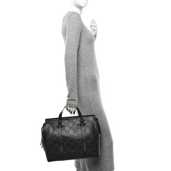 GUCCI Calfskin GG Tennis Embossed Tote Bag Black