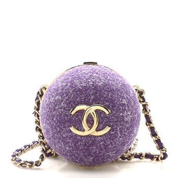 CHANEL Tweed Minaudiere Round Chain Clutch Purple