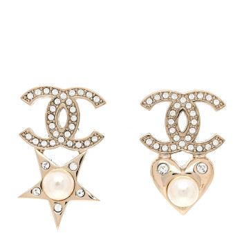 CHANEL Crystal Pearl Charming Winter CC Star Heart Earrings Gold