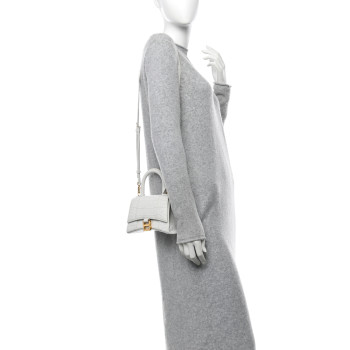 BALENCIAGA Shiny Calfskin Crocodile Embossed Hourglass Top Handle Bag XS White