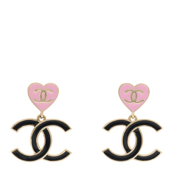 CHANEL Metal Enamel CC Heart Drop Earrings Gold Black Pink