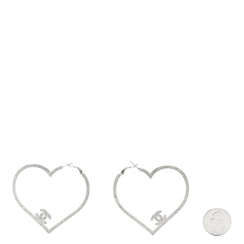 CHANEL Swarovski Crystal CC Heart Hoop Earrings Silver