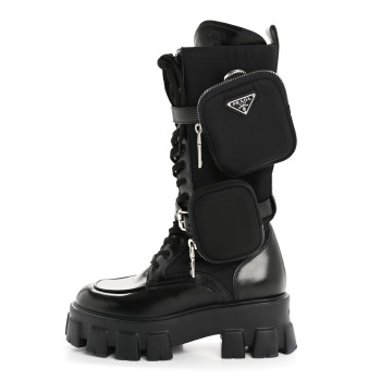 PRADA Spazzolato Rois Re-Nylon Metal Triangle Logo Monolith Pouch Pocket 55mm Tall Combat Boots 36.5 Black