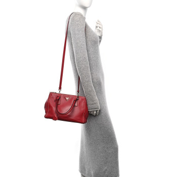 PRADA City Calf Small Hand Stitched Galleria Double Zip Tote Fuoco White
