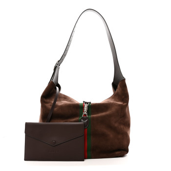 GUCCI Suede Textured Dollar Calfskin Web Medium Jackie 1961 Crossbody Bag Brown