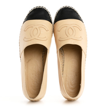 CHANEL Lambskin CC Espadrilles 36 Beige Black