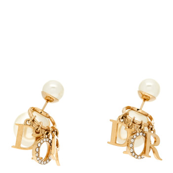 CHRISTIAN DIOR Pearl Crystal Tribal Logo Charms Earrings Gold