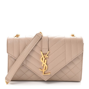 SAINT LAURENT Grain De Poudre Textured Mixed Matelasse Triquilt Small Monogram Satchel Dark Beige