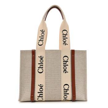 CHLOE Cotton Calfskin Medium Woody Ribbon Tote White Brown