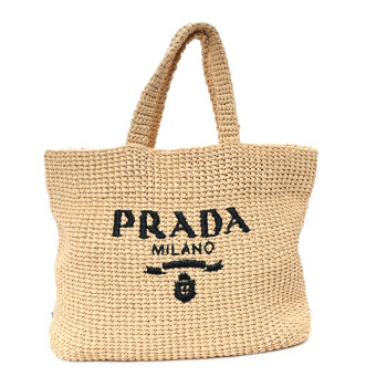 PRADA Yarn Raffia Effect Crochet Embroidered Logo Tote Naturale