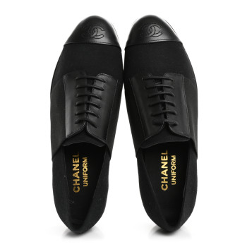 CHANEL Calfskin Elastic Lace Up Cap Toe CC Loafers 37 Black