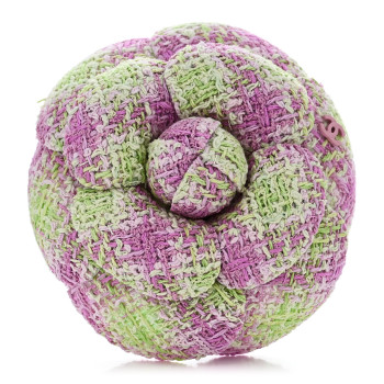 CHANEL Tweed Camellia Brooch Green Pink