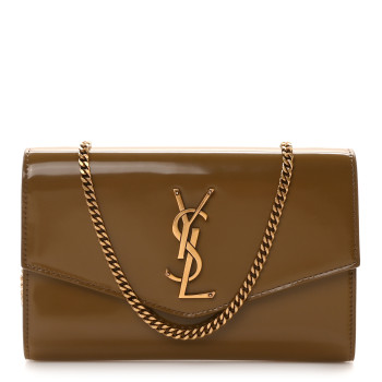 SAINT LAURENT Patent Calfskin Uptown Chain Wallet Taupe