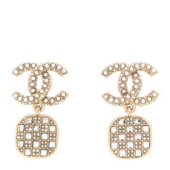 CHANEL Pearl Baguette Crystal CC Drop Earrings Gold
