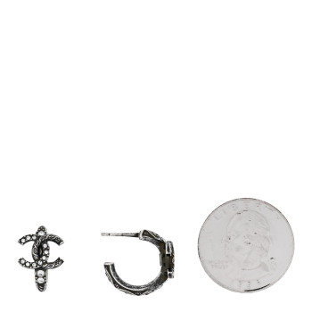 CHANEL Metal Crystal CC Hoop Earrings Silver