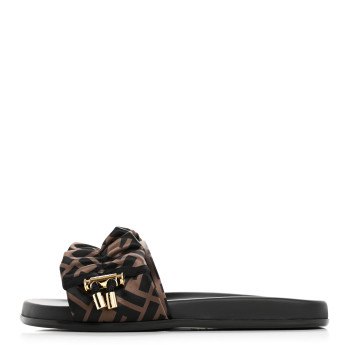 FENDI Satin FF Fendi Feel Slide Sandals 37 Tobacco Black