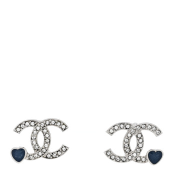 CHANEL Metal Crystal Resin CC Heart Earrings Silver Blue