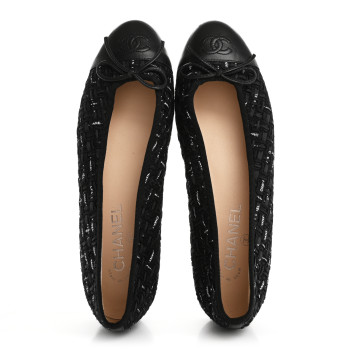 CHANEL Lambskin Ribbon Tweed Cap Toe Ballet Flats 39.5 Black