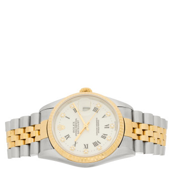 ROLEX Stainless Steel 18K Yellow Gold Diamond 36mm Oyster Perpetual Datejust Watch White Roman 16233