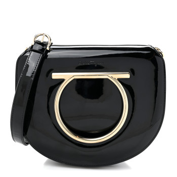 SALVATORE FERRAGAMO Patent Calfskin Small Vela Flap Bag Black