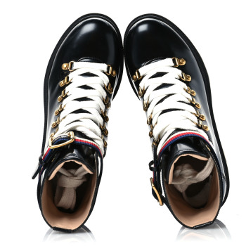 GUCCI Calfskin Sylvie Web Womens Lace Up Combat Boots 39.5 Black