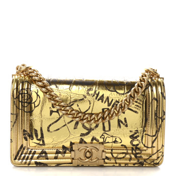 CHANEL Metallic Calfskin Crocodile Embossed Graffiti Medium Cocodile Boy Flap Gold