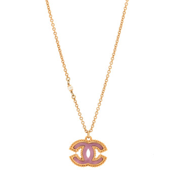 CHANEL Metal Enamel Pearl CC Chain Necklace Pendant Gold Pink