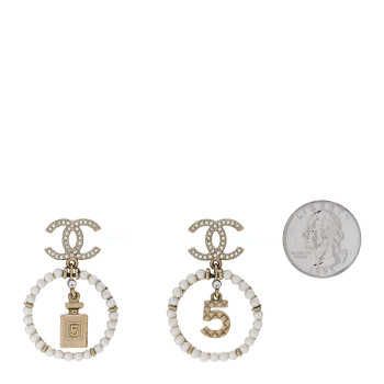 CHANEL Crystal Pearl Chanel Charms CC Drop Earrings Gold
