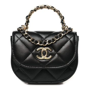 CHANEL Lambskin Quilted Pearl Top Handle Clutch With Chain Black