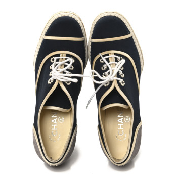 CHANEL Silk Crepe Suede Calfskin Lace Up Wedge Espadrilles 39 Navy Grey