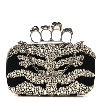 ALEXANDER MCQUEEN Suede Crystal Skull Knuckle Chain Box Clutch Black