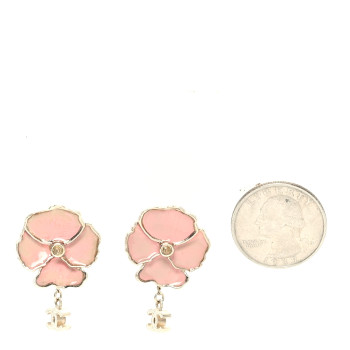 CHANEL Enamel Crystal CC Camellia Drop Clip On Earrings Pink Gold