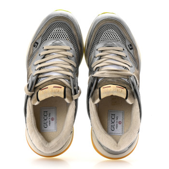 GUCCI Metallic Calfskin Suede Womens Ultrapace Sneakers 37.5 Silver Oatmeal