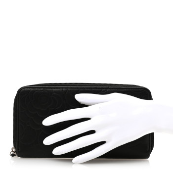 CHANEL Lambskin Camellia Embossed Large Zip Around Gusset Wallet Black CHANEL Lambskin Camellia Embossed Large Zip Around Gusset Wallet Black