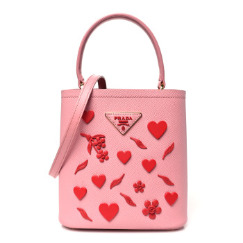 PRADA Saffiano City Calf Heart & Flower Small Panier Bucket Bag  Pink Red