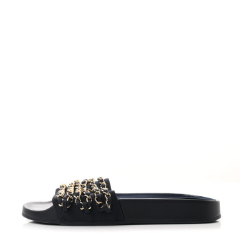 CHANEL Satin Chain Flat Sandals 37 Marine