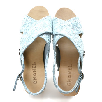CHANEL Jacquard Studded Slingback Clog Sandals 39 Turquoise White
