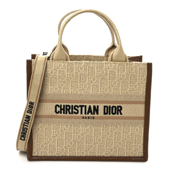 CHRISTIAN DIOR Raffia Calfskin Oblique Embroidered Small Book Tote Beige Camel