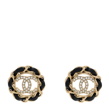 CHANEL Crystal Lambskin Chain CC Stud Earrings Black Gold