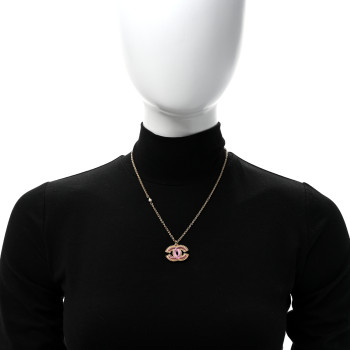 CHANEL Metal Enamel Pearl CC Chain Necklace Pendant Gold Pink