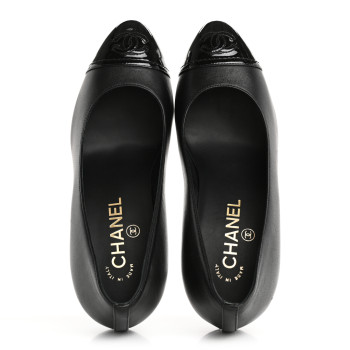 CHANEL Lambskin Patent Calfskin Cap Toe CC Pumps 37 Black