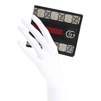 GUCCI GG Supreme Monogram Web Mens Ophidia Bi-Fold Coin Wallet Beige Blue